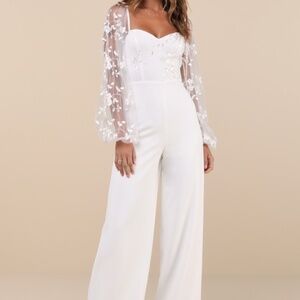 Lulus Darling Charisma White Mesh Embroidered Jumpsuit - Size S
